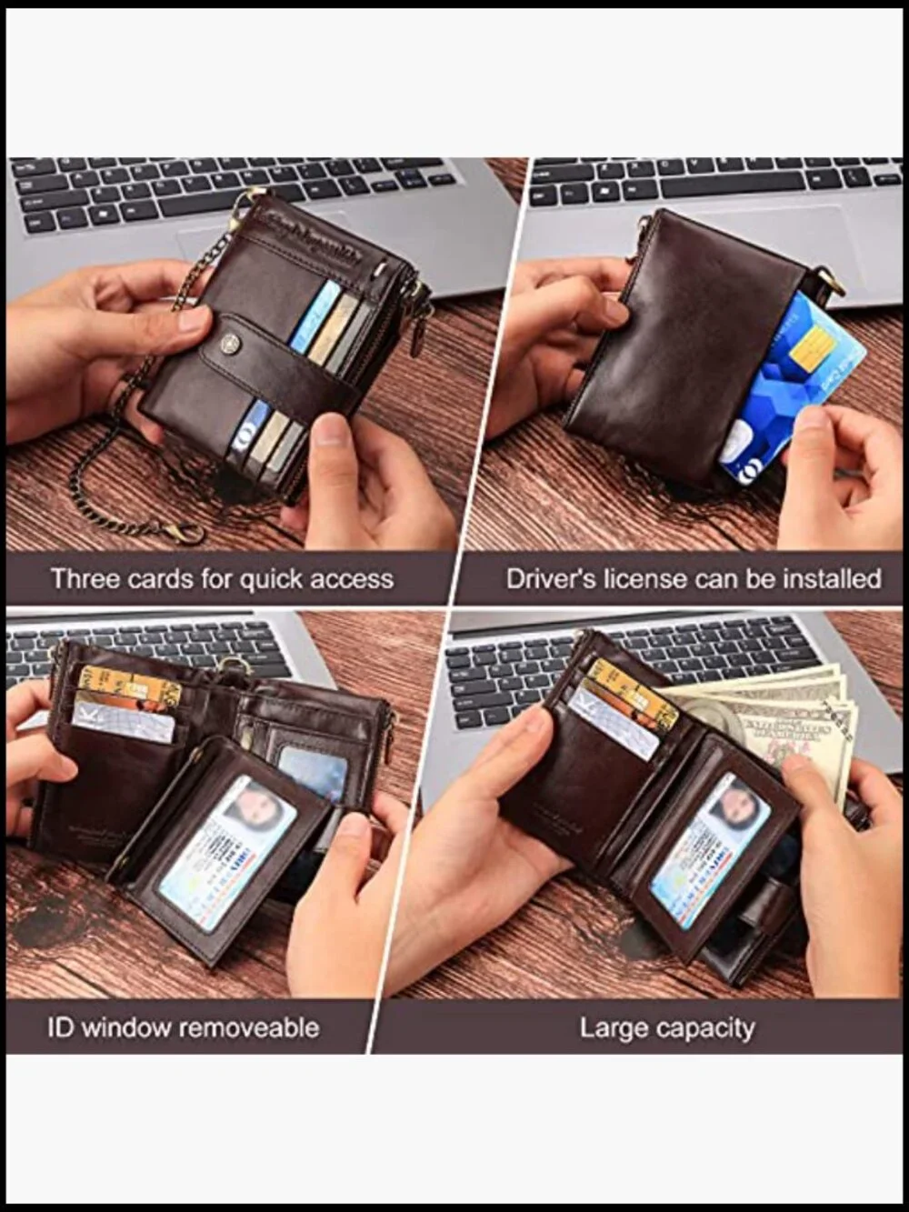 Genuine Leather RFID Bifold Wallet Anti-Theft Chain Zipper Coin Pocket